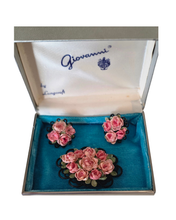 1950s Beaded Floral Handbag Set with Matching Pink Rose Jewelry