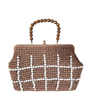 1960s Woven Brown Handbag with Beaded Grid Design