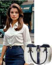 1960's Navy Blue and White Wicker Handbag