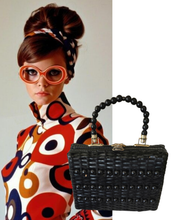 Vintage  Black Beaded Wicker Woven Handbag