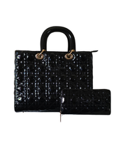 Glossy Black Quilted Tote & Wallet - 2 Piece Set