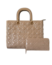 Glossy Tan Quilted Tote & Wallet - 2 Piece Set