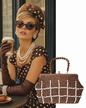 1960s Woven Brown Handbag with Beaded Grid Design