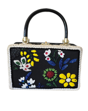 1950's Black Floral Beaded Box Handbag