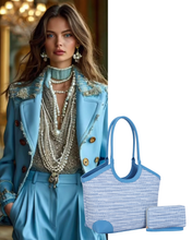 Blue Woven Tote and Wallet Set
